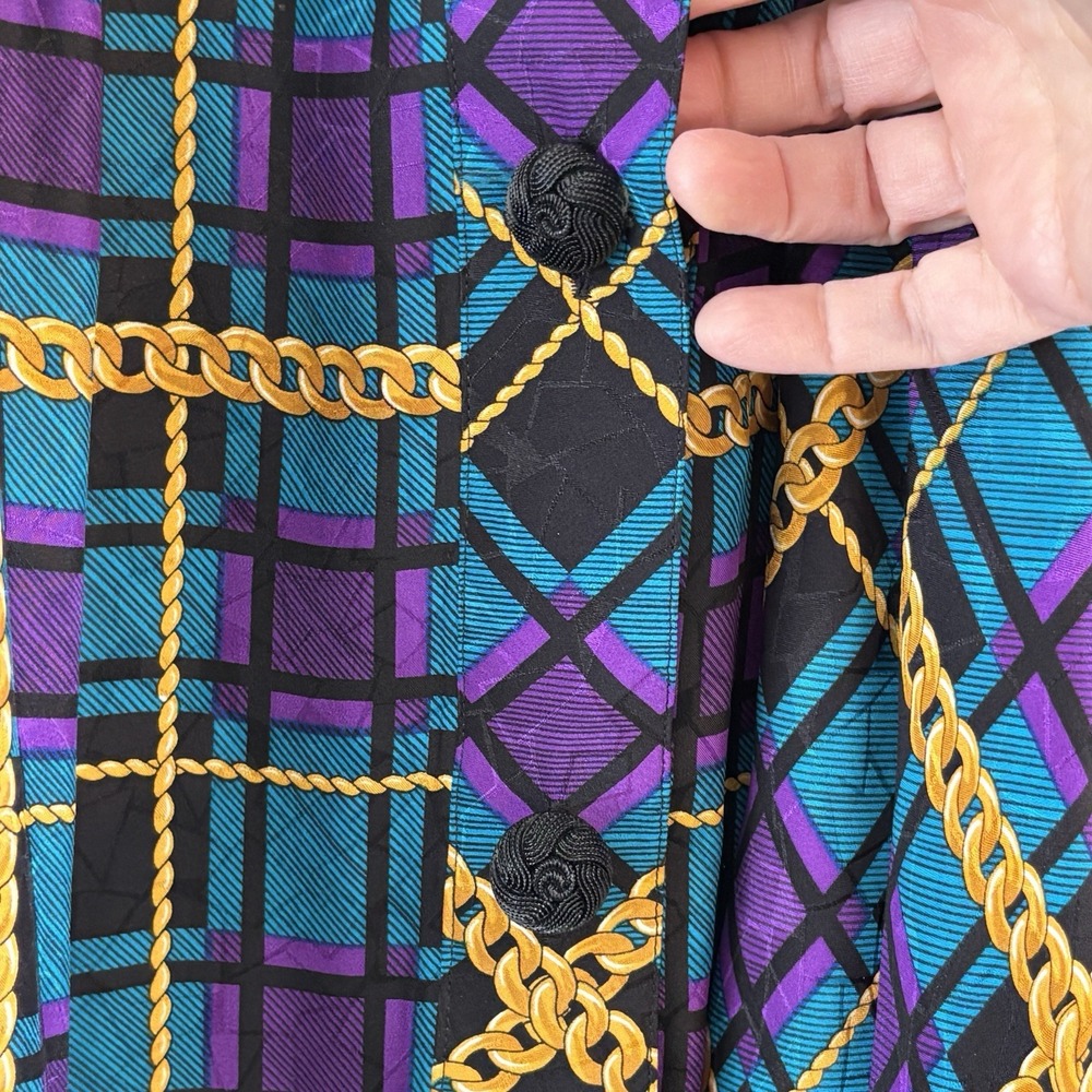 90s Adrianna Papell Silk Shift Dress Womens Blue Purple Plaid Chain Print Bow - Picture 8 of 12